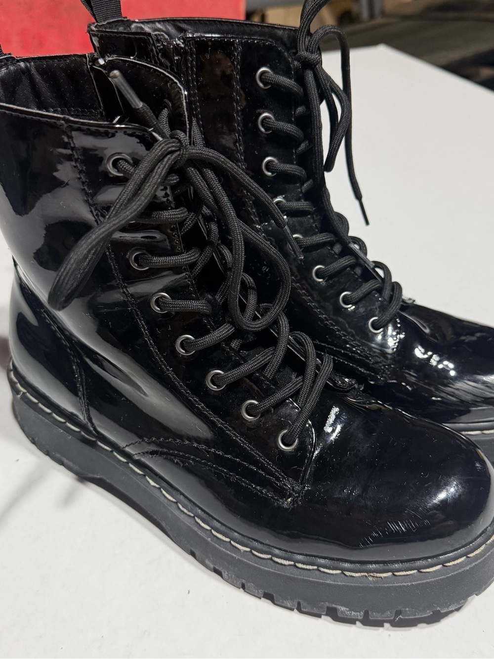 UNIONBAY Hayden Black Patent Lace-Up Combat Boots